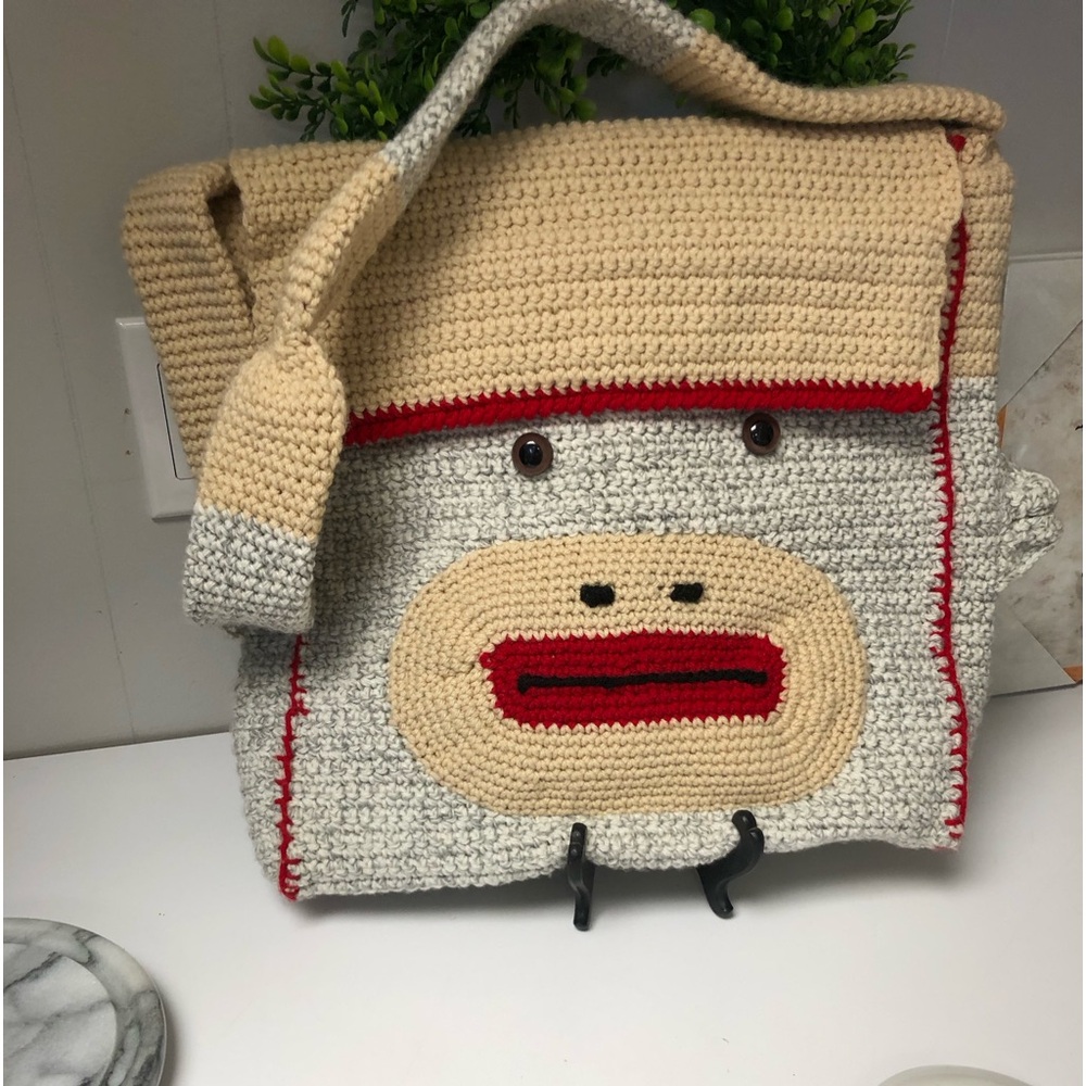 Handcrafted Amazing Monkey Sock Bag Like New Padded and Lined 13.5x15” Unique